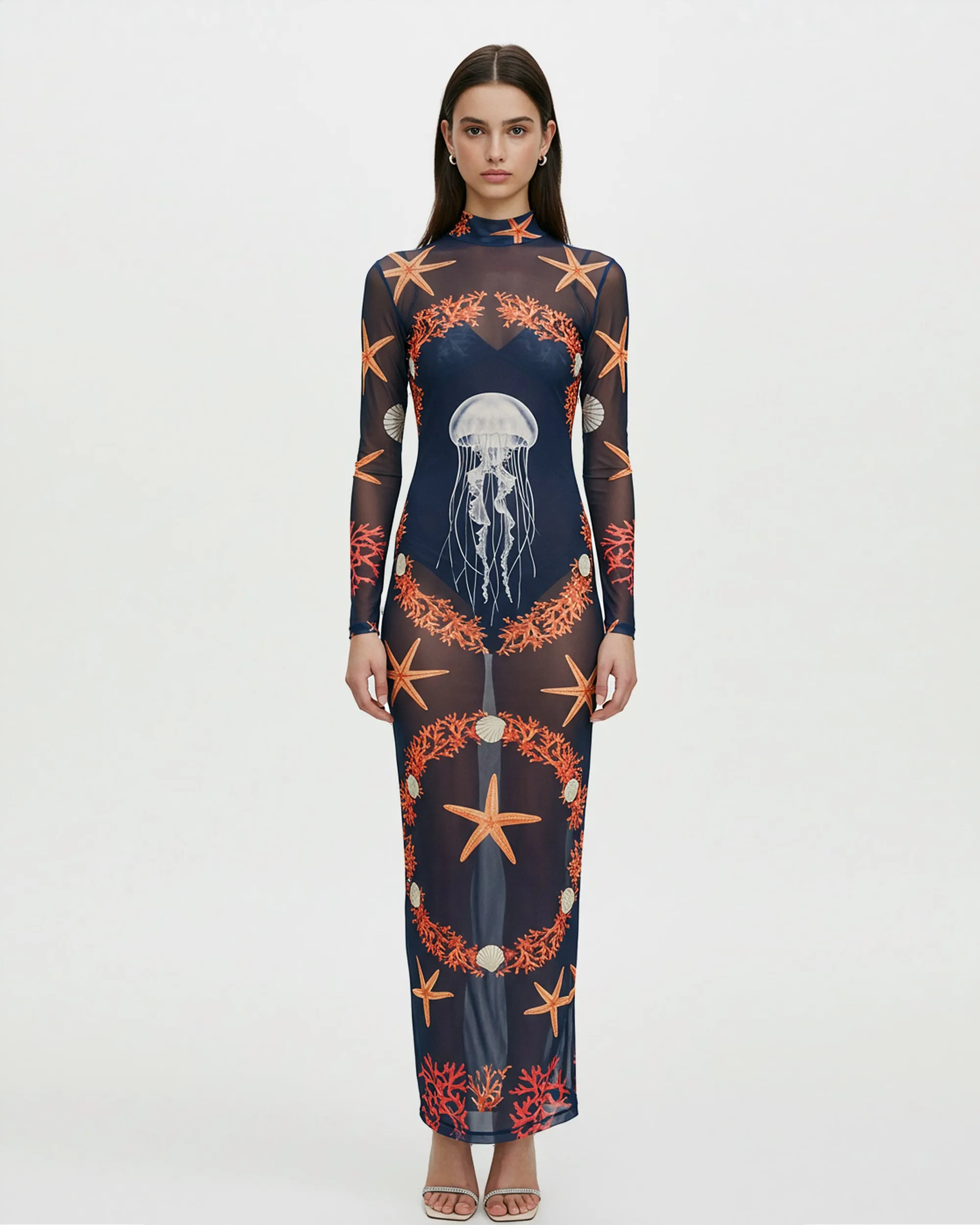 Sheer Ocean Print Mesh Maxi Dress – Navy sold by JW PEI