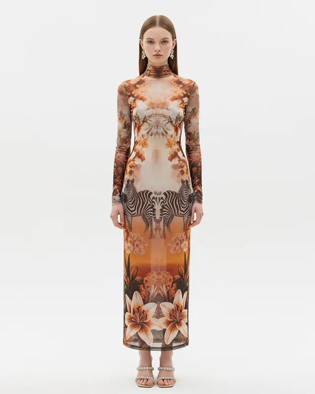 Zebra Floral Print Mesh Maxi Dress – Brown sold by JW PEI