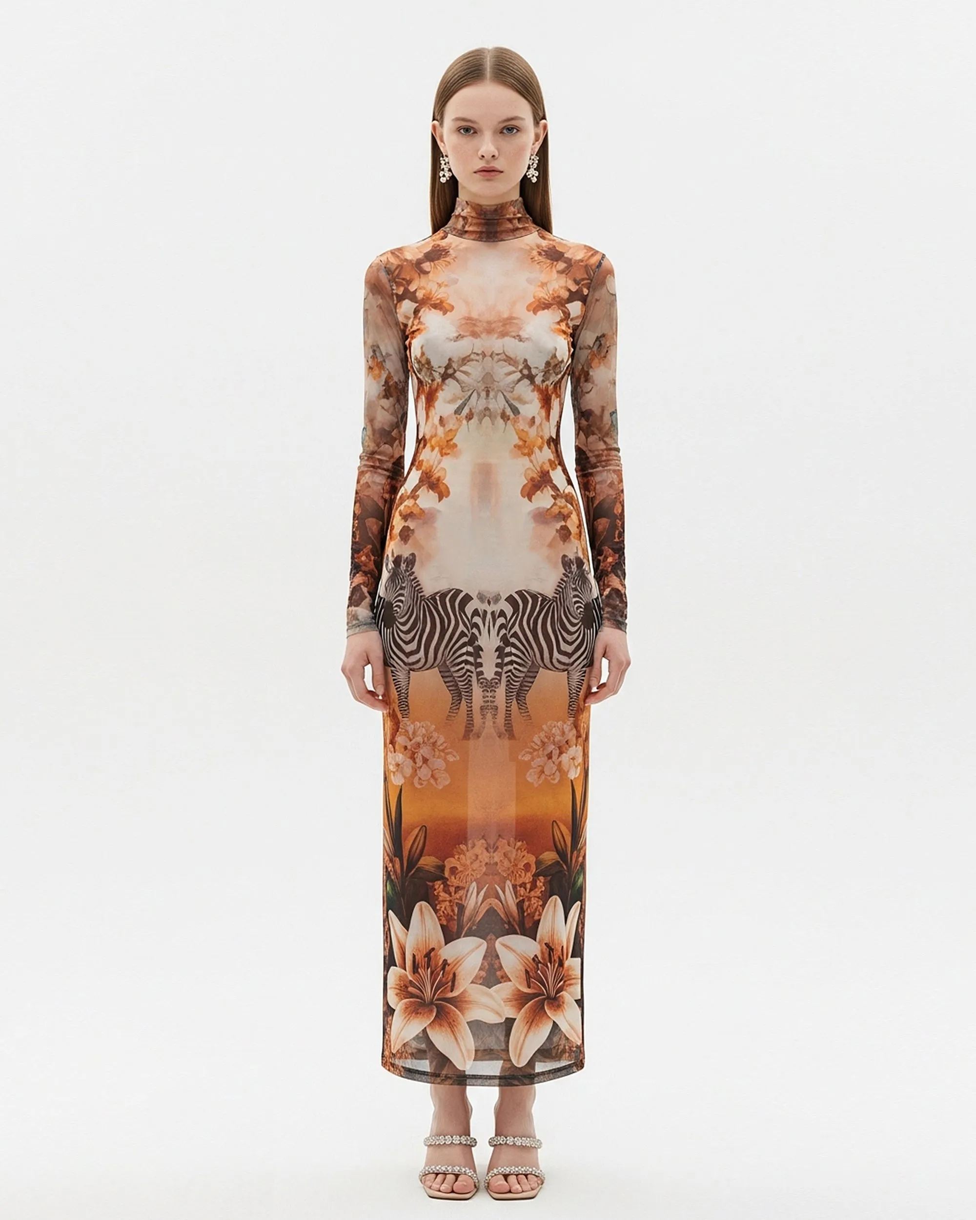 Zebra Floral Print Mesh Maxi Dress – Brown sold by JW PEI