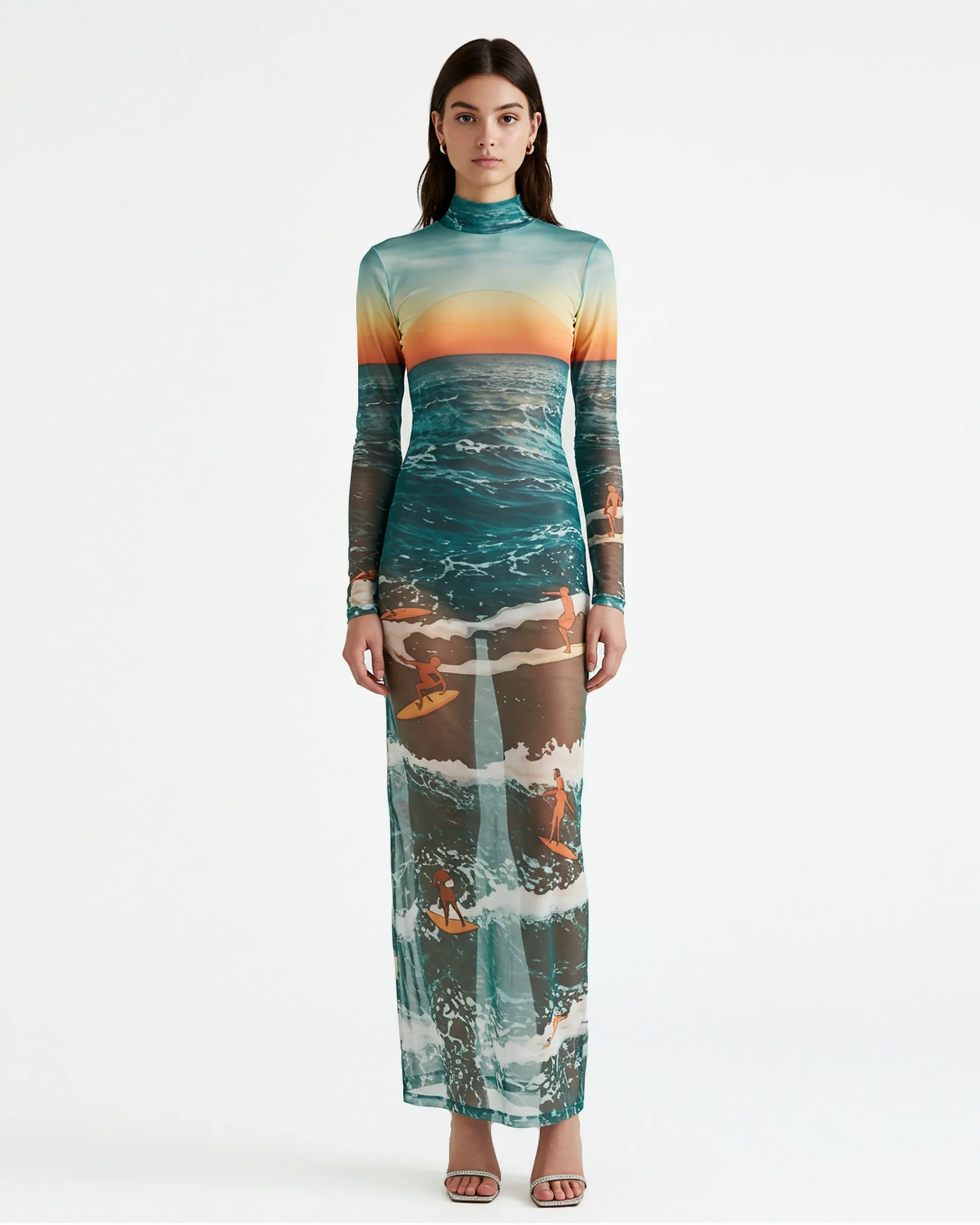 Sunset Ocean Print Mesh Maxi Dress – Blue sold by JW PEI