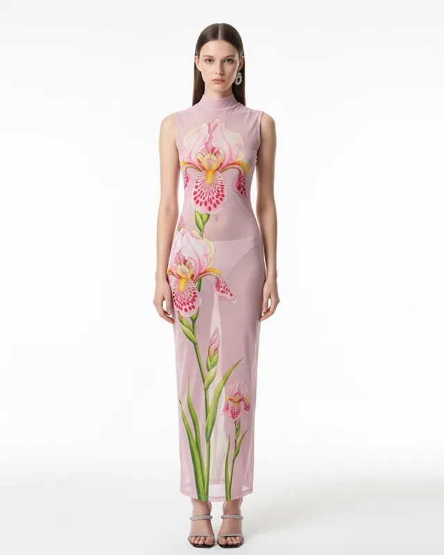 Sheer Floral Print Mesh Maxi Dress – Pink sold by JW PEI