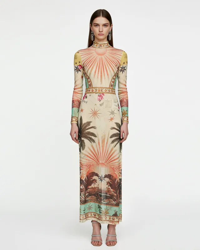 Sunburst Print Mesh Maxi Dress – Sunset Beige sold by JW PEI