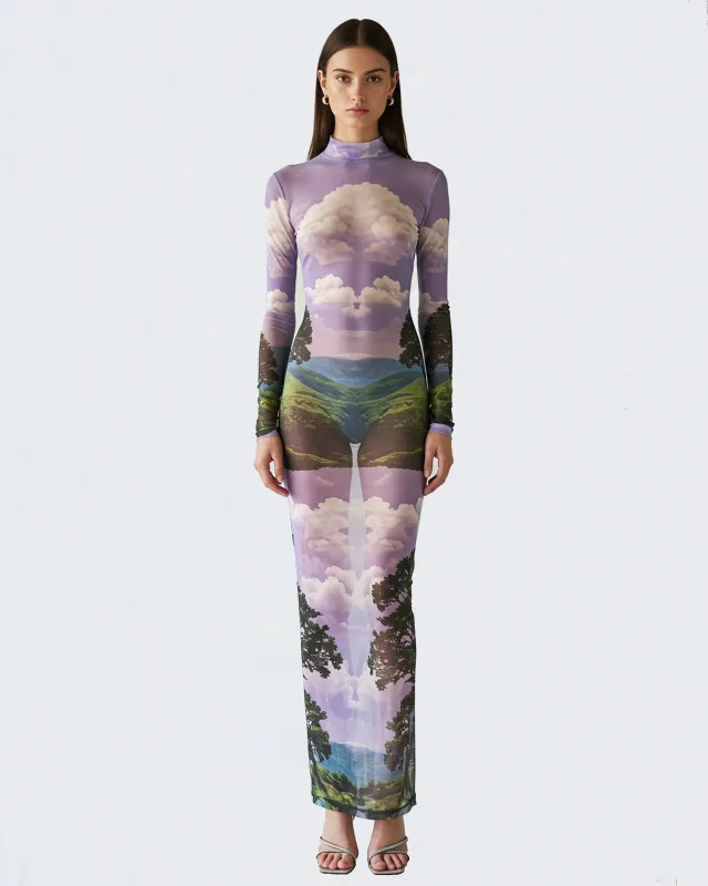 Scenic Mesh Print Maxi Dress – Purple sold by JW PEI