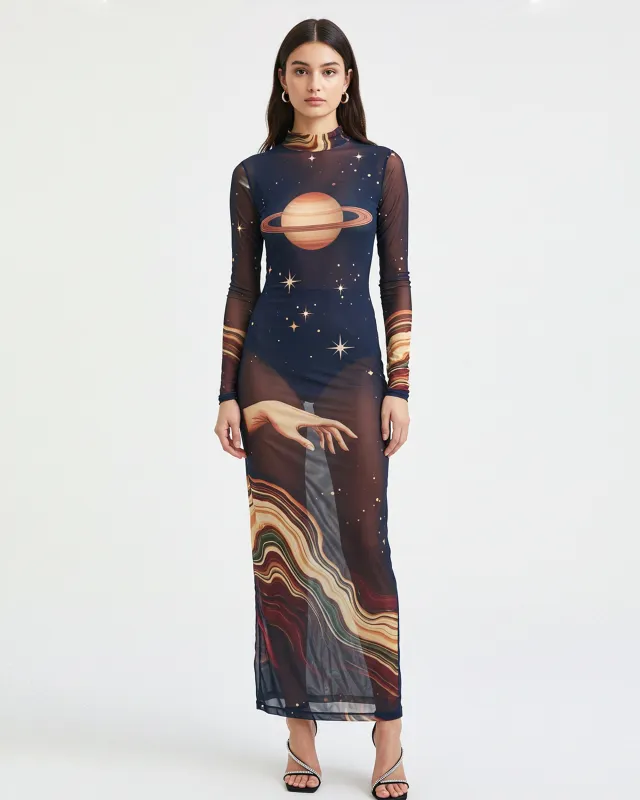 Galaxy Print Mesh Maxi Dress – Navy sold by JW PEI