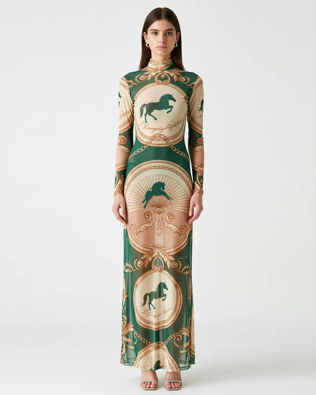Baroque Horse Print Mesh Maxi Dress – Green made by JW PEI