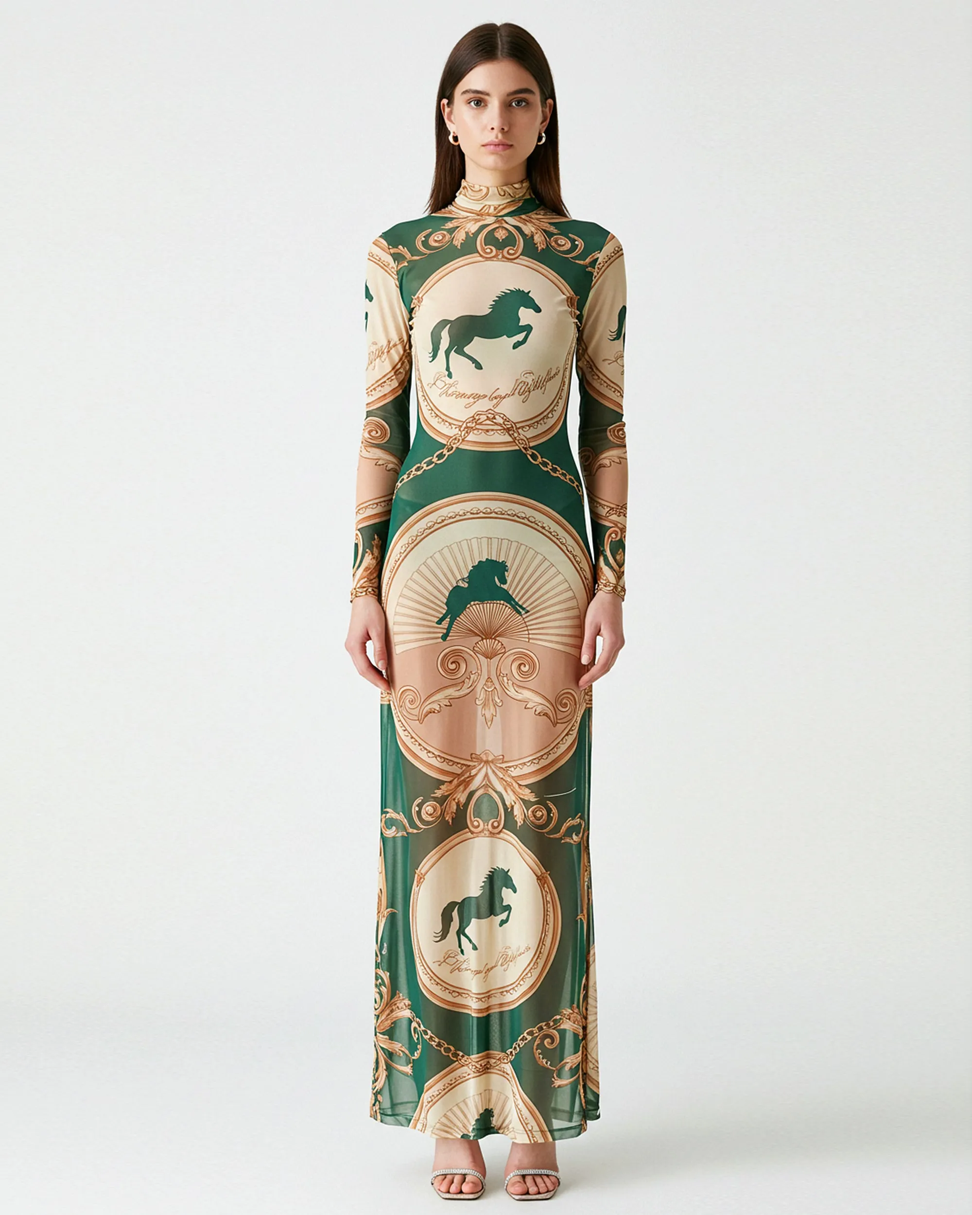 Baroque Horse Print Mesh Maxi Dress – Green sold by JW PEI