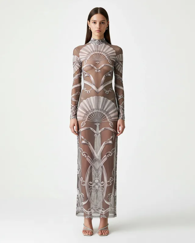 Sheer Print Mesh Maxi Dress – Neutral sold by JW PEI