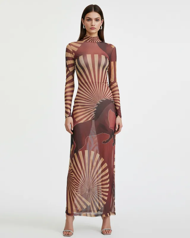 Printed Mesh Maxi Dress – Brown sold by JW PEI