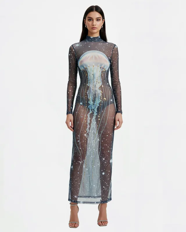 Jellyfish Print Mesh Dress – Blue sold by JW PEI