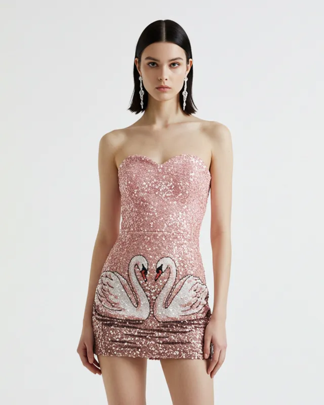 Sequin Swan Strapless Mini Dress – Pink sold by JW PEI