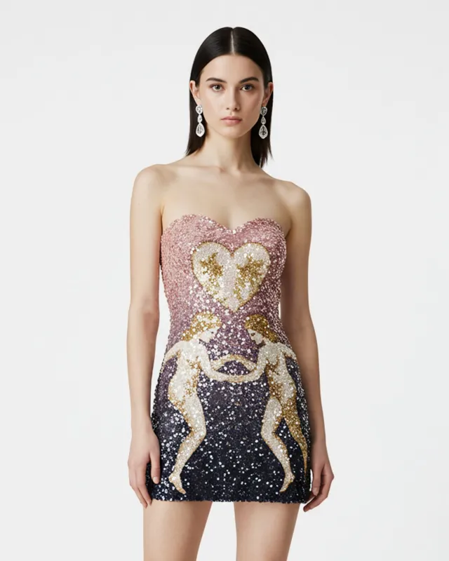 Sequin Heart Embroidery Mini Dress – Pink sold by JW PEI
