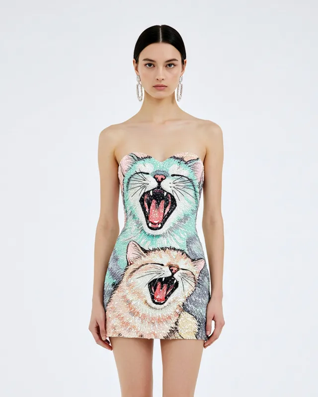 Cat Motif Strapless Mini Dress – MultiColor sold by JW PEI
