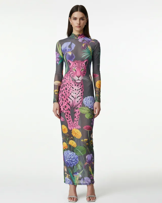 Floral Pink Leopard Print Mesh Dress – Grey sold by JW PEI