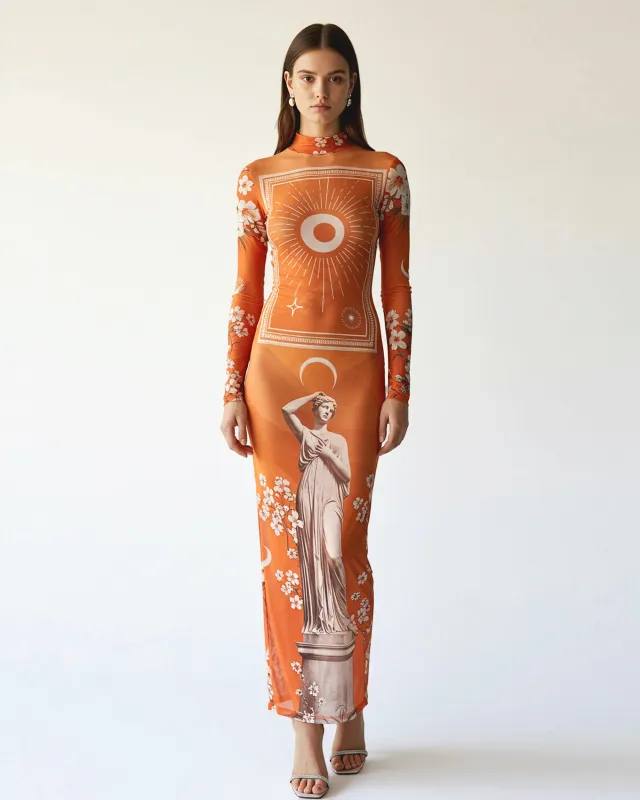Graphic Orange Printed Mesh Maxi Dress – Orange sold by JW PEI