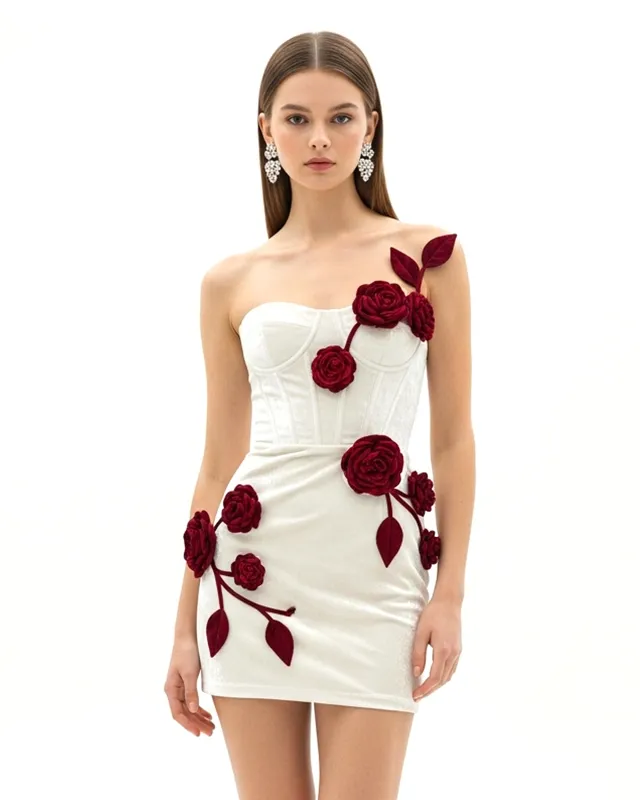 Rosette Appliqué Strapless Dress – White sold by JW PEI