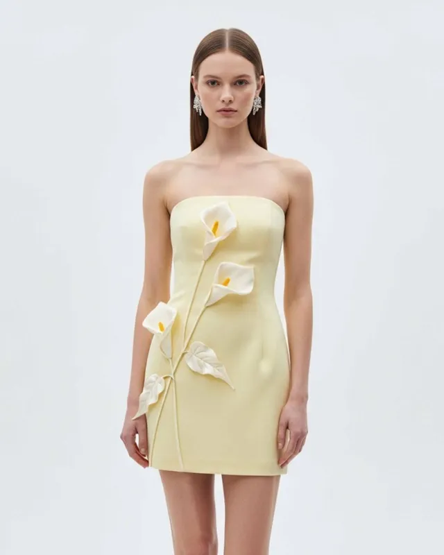 Strapless Floral Appliqué Dress – Yellow sold by JW PEI