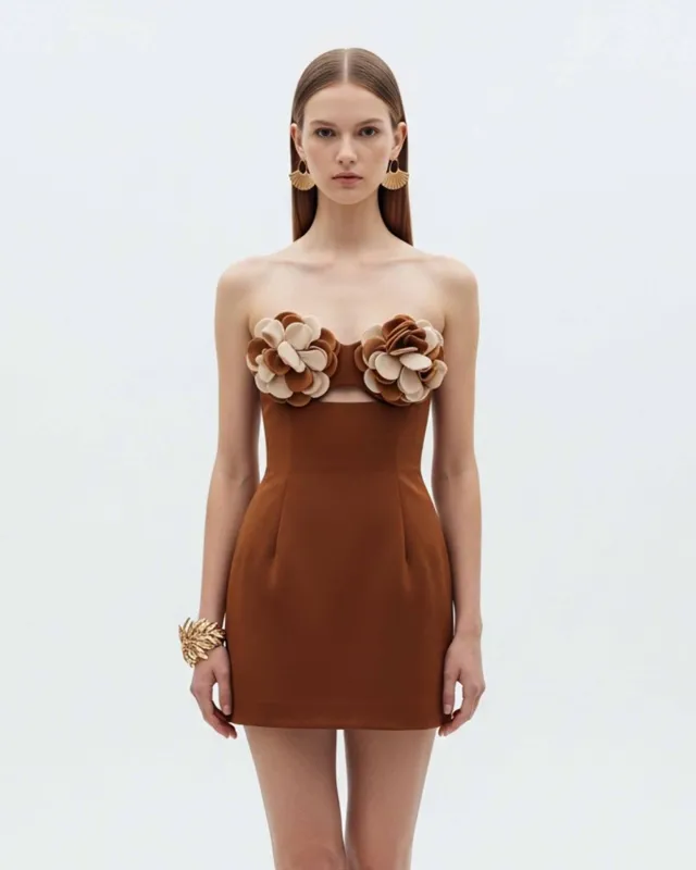 Floral Appliqué Strapless Dress – Brown sold by JW PEI