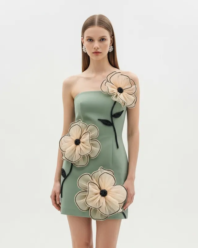 Strapless Floral Appliqué Mini Dress – Sage Green sold by JW PEI