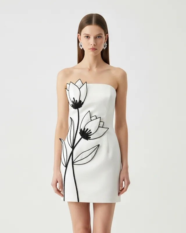 Floral Embellished Strapless Dress – White sold by JW PEI