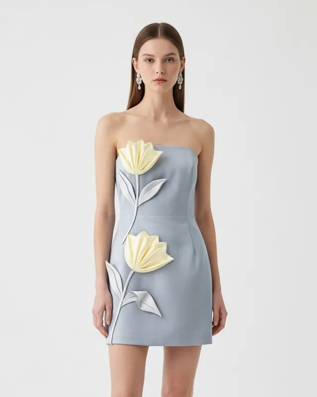 Strapless Floral Appliqué Dress – Blue sold by JW PEI