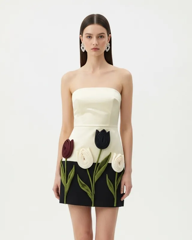 Strapless Floral Appliqué Dress – Black sold by JW PEI
