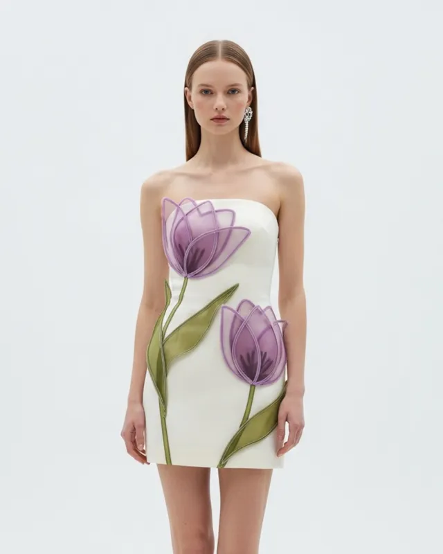 Strapless Tulip Appliqué Dress – White sold by JW PEI