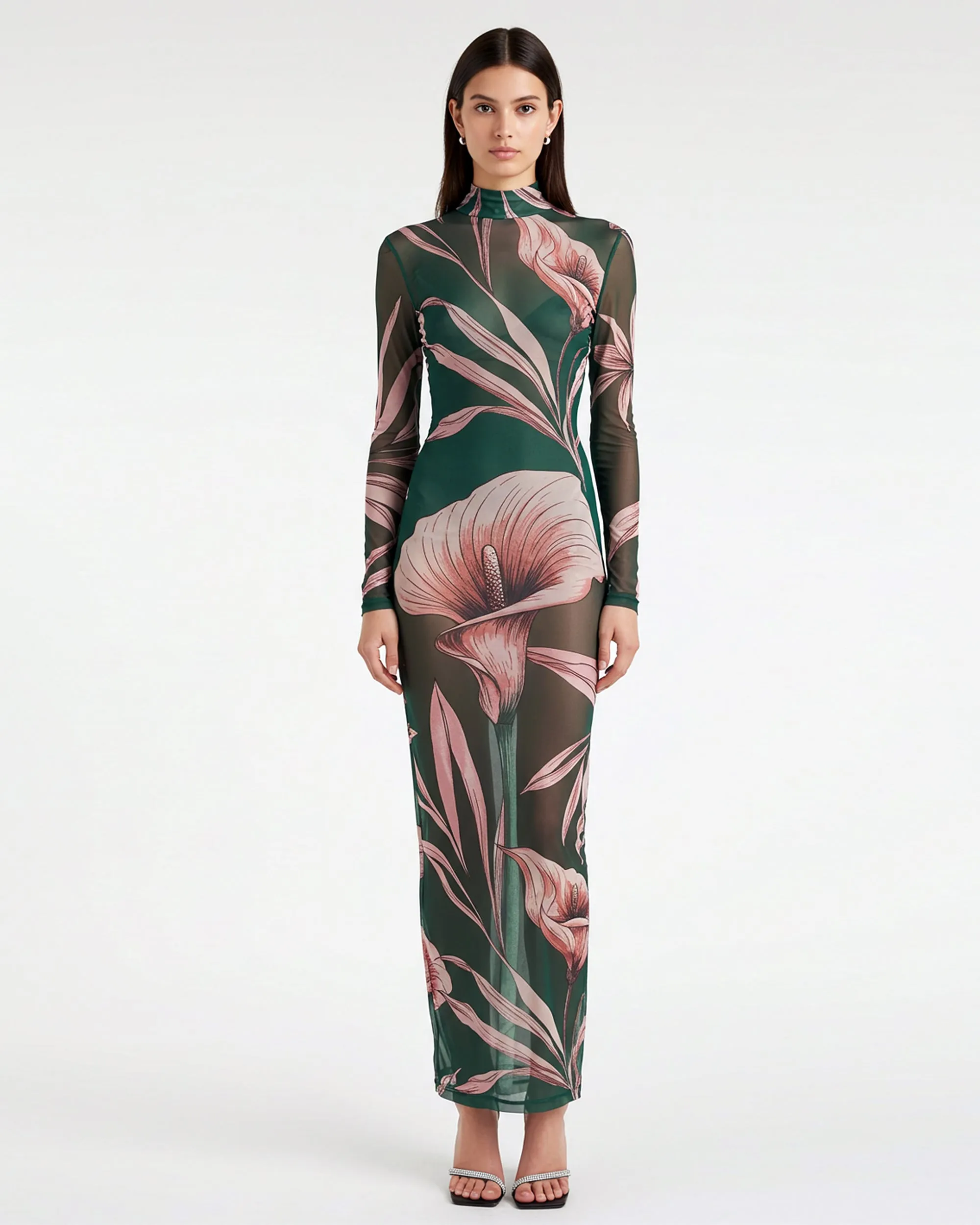 Floral Printed Mesh Maxi Dress – Green sold by JW PEI