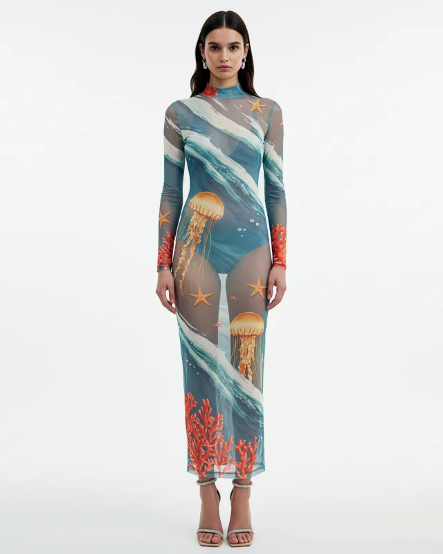 Sheer Ocean Print Mesh Long Dress – Blue sold by JW PEI