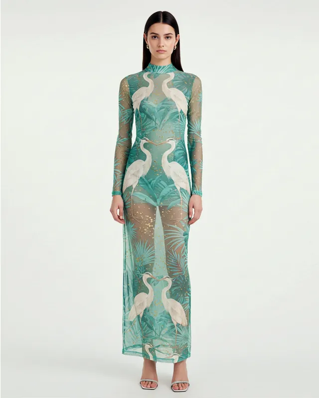 Sheer Crane Print Mesh Maxi Dress – Green made by JW PEI