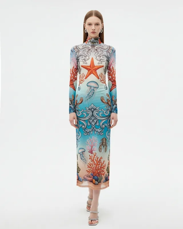 Ocean Print Mesh Bodycon Dress – Blue sold by JW PEI