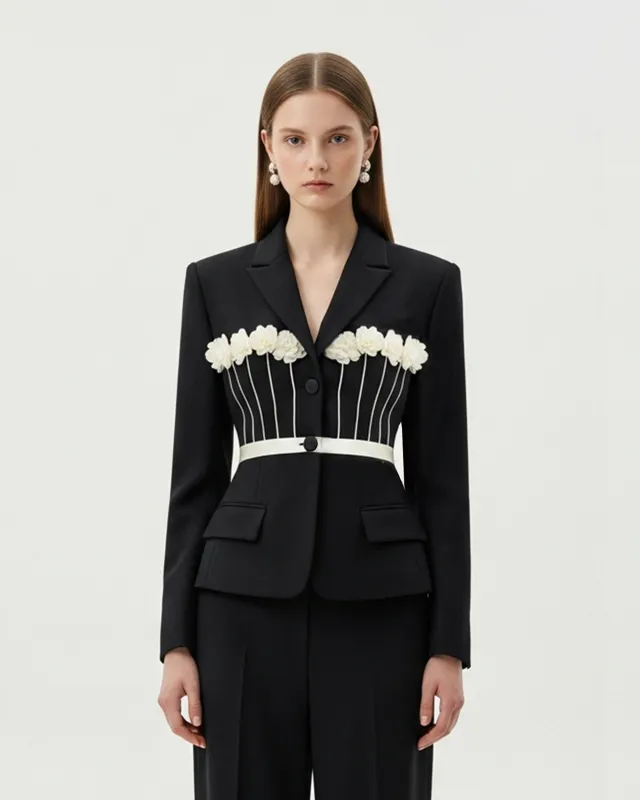 Floral Appliqué Waist Blazer – Black sold by JW PEI