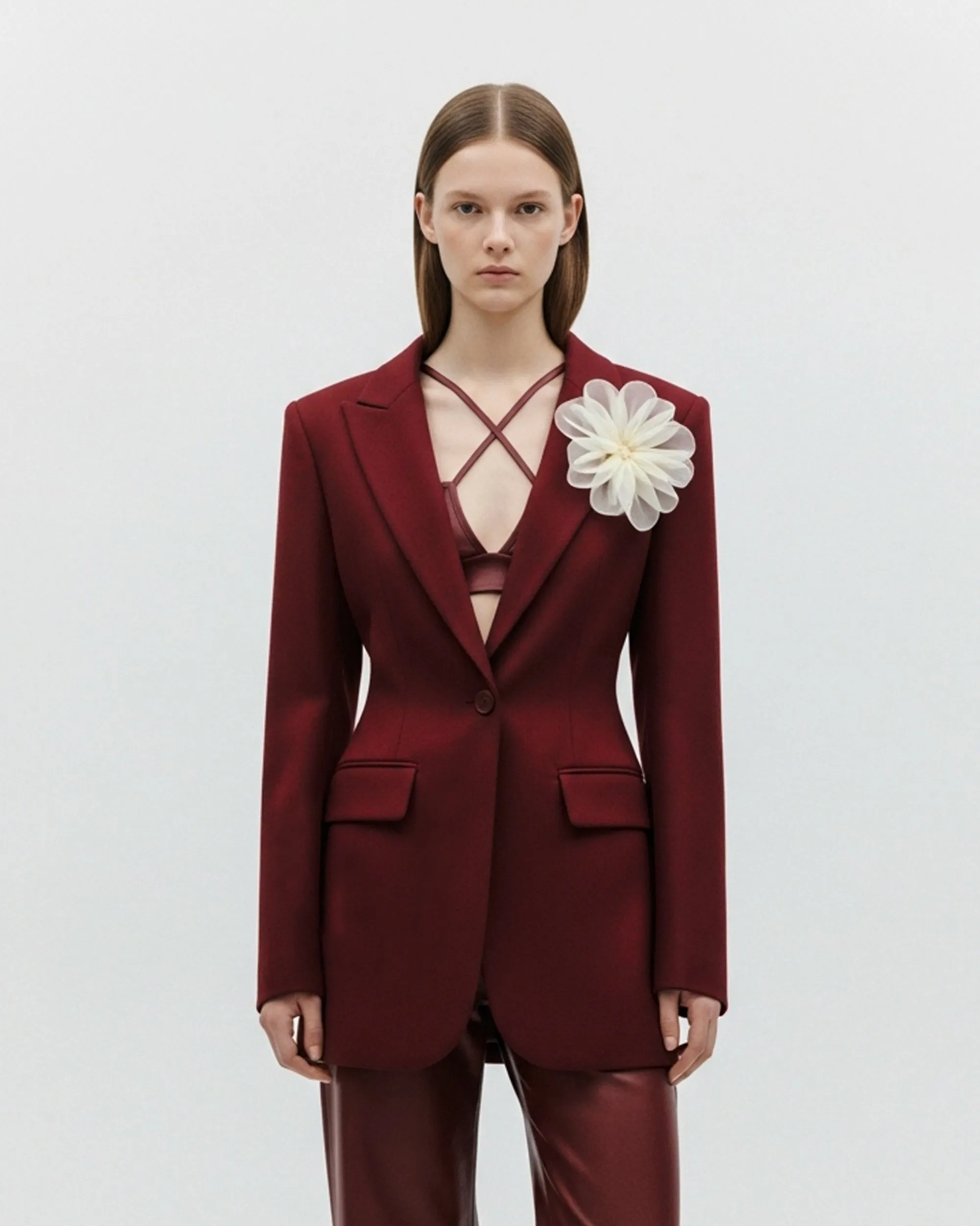 Single Button Floral Accent Blazer – Burgundy sold by JW PEI
