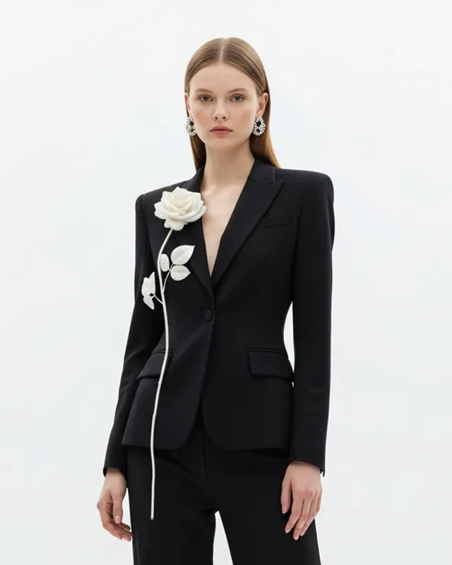 Black Blazer With White Floral Appliqué – Black sold by JW PEI