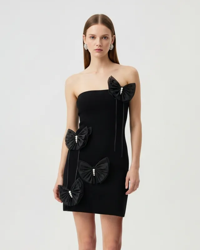 Bow Appliqué Strapless Mini Dress – Black sold by JW PEI