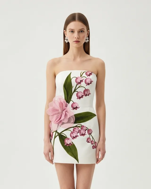 Floral Embellished Strapless Dress – White sold by JW PEI