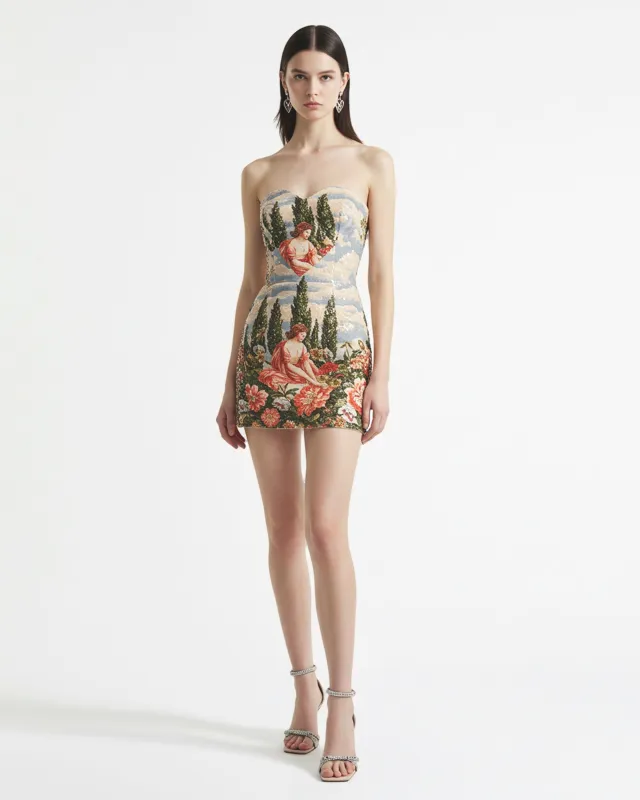 Tapestry Print Strapless Mini Dress – MultiColor sold by JW PEI