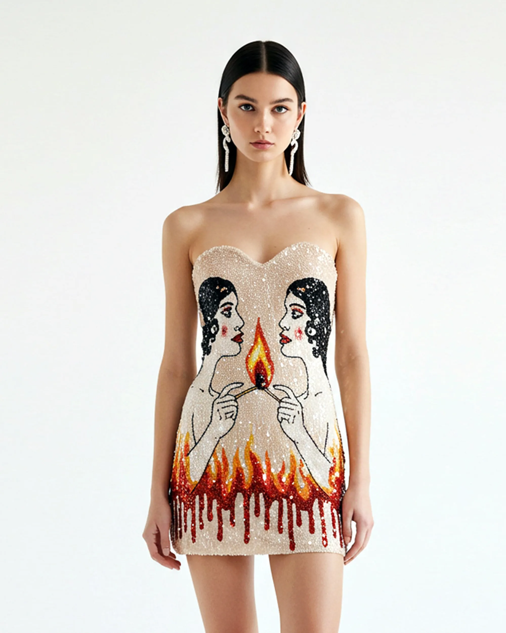 Sequined Flame Motif Strapless Dress – MultiColor sold by JW PEI