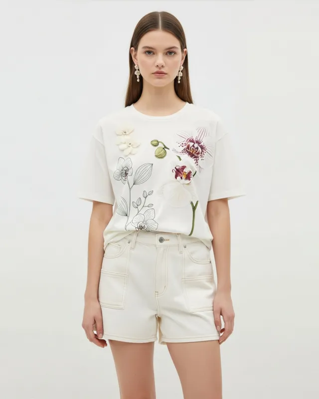 Floral Appliqué Graphic T-Shirt – White sold by JW PEI