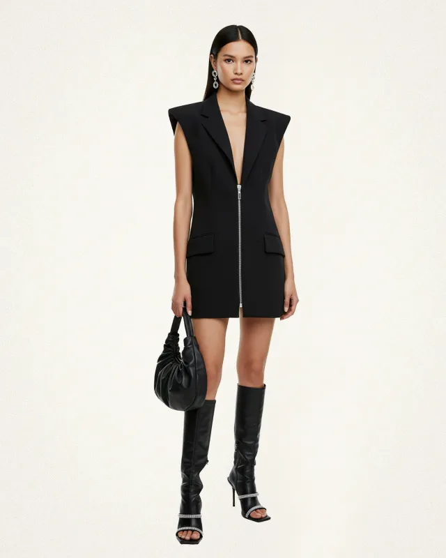 Sharp Shoulder Zip Mini Dress – Black sold by JW PEI
