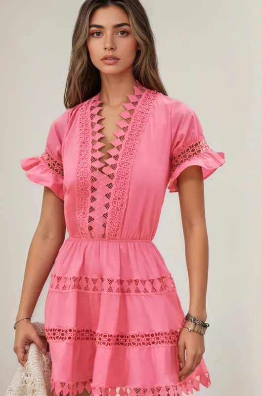 Lace Trim V-Neck Mini Dress – Pink sold by JW PEI