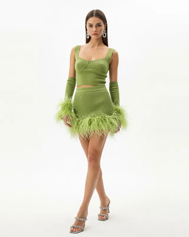 Ribbed Knit Feather Trim Skirt Set – Green sold by JW PEI