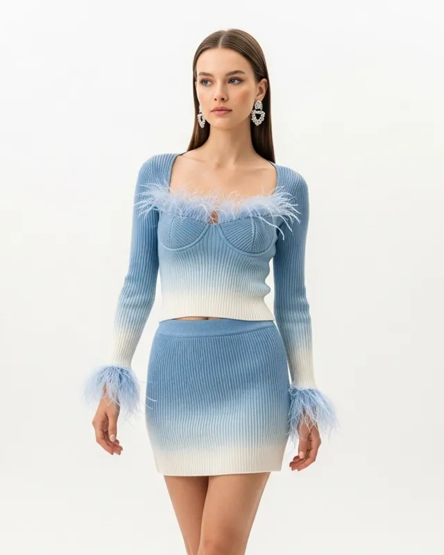 Ombre Knit Feather Trim Skirt Set – Blue sold by JW PEI