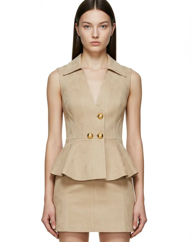 Peplum Double Button Vest – Beige sold by JW PEI