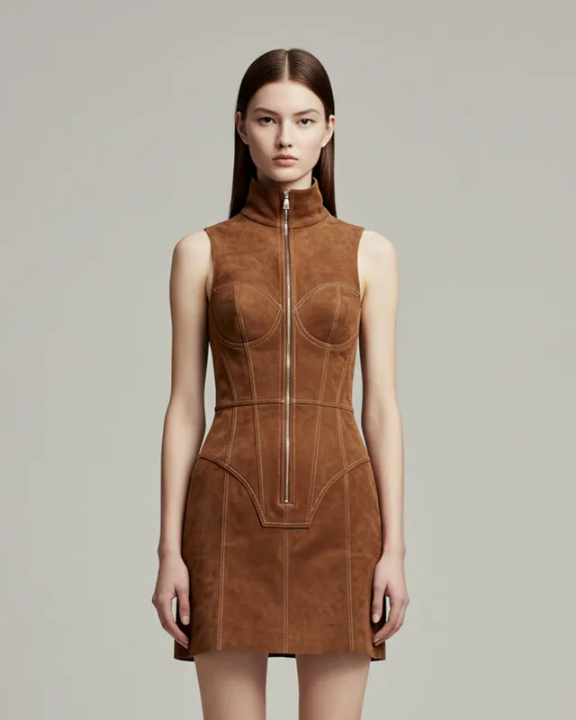 Zip Front Sleeveless Dress – Brown made by JW PEI