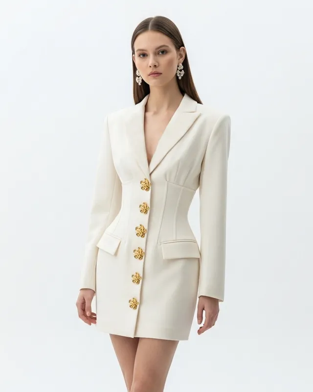 Gold Button Fitted Blazer Dress – White sold by JW PEI