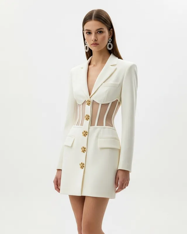 Sheer Panel Blazer Dress – White sold by JW PEI