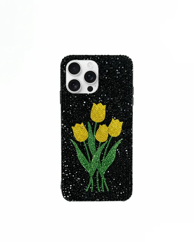 Yellow Tulip Artificial Crystal Phone Case – Black sold by JW PEI