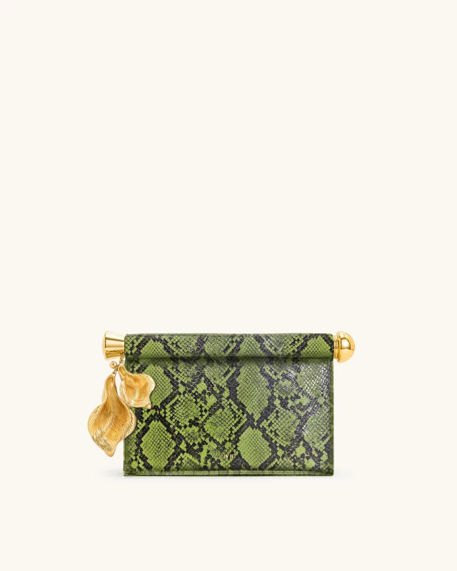 Holly Metal Pendant  Embellished Snakeskin Clutch - Green sold by JW PEI