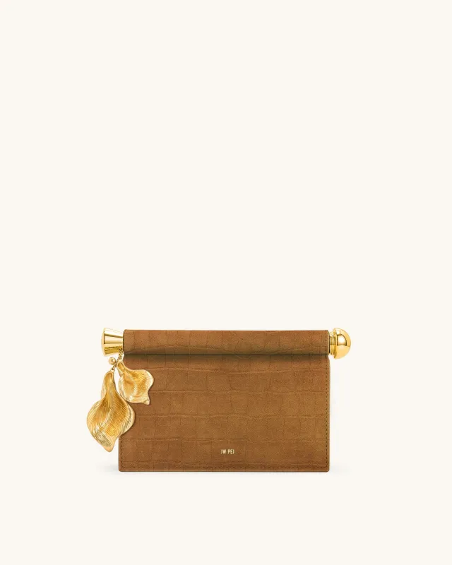 Holly Faux Suede Metal Pendant Embellished Clutch - Brown sold by JW PEI