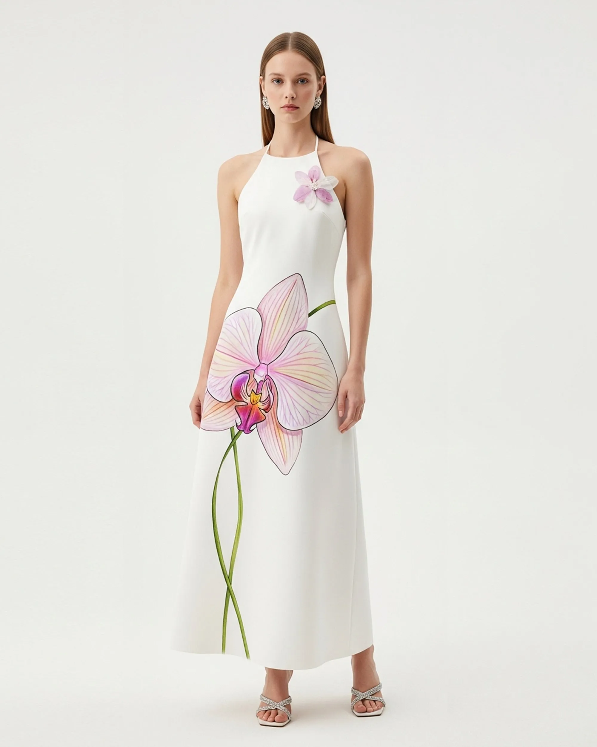 Orchid Print Halter Dress – White sold by JW PEI